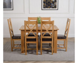 That's Furniture Hampton 120Cm - 160Cm Oak Extending Dining Table And 6 Chairs Dining Set With Berkeley Brown Leather Chairs - thumbnail 2