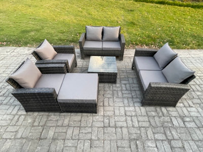 Fimous Rattan Garden Furniture Set 7 Seater Patio Outdoor Lounge Sofa Set With Square Coffee Table Double Seat Sofa Big Footstool