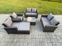 Fimous Rattan Garden Furniture Set 7 Seater Patio Outdoor Lounge Sofa Set With Square Coffee Table Double Seat Sofa Big Footstool - thumbnail 1