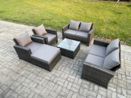Fimous Rattan Garden Furniture Set 7 Seater Patio Outdoor Lounge Sofa Set With Square Coffee Table Double Seat Sofa Big Footstool - thumbnail 2