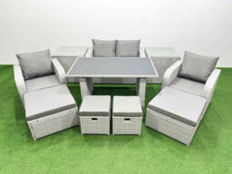 Fimous 8 Seater Patio Garden Furniture Sets With Dining Table Love Sofa 2 Side Tables 4 Stools Light Grey - thumbnail 2