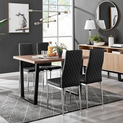 Furniturebox Uk Kylo Brown Wood Effect Dining Table & 4 Black Milan Chrome Leg Chairs - image 1