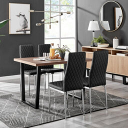 Furniturebox Uk Kylo Brown Wood Effect Dining Table & 4 Black Milan Chrome Leg Chairs