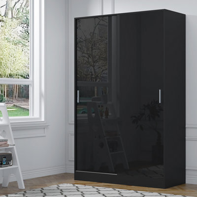 Reflect 2 Door Sliding Wardrobe - Black Gloss & Black Oak - Hanging Rails & Shelves - H:180Cm X W: 120Cm X D: 58Cm - Modern Design - image 1