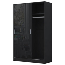 Reflect 2 Door Sliding Wardrobe - Black Gloss & Black Oak - Hanging Rails & Shelves - H:180Cm X W: 120Cm X D: 58Cm - Modern Design - thumbnail 6