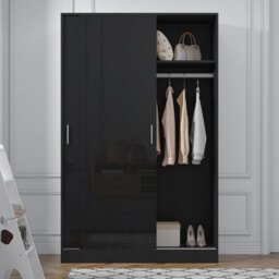 Reflect 2 Door Sliding Wardrobe - Black Gloss & Black Oak - Hanging Rails & Shelves - H:180Cm X W: 120Cm X D: 58Cm - Modern Design - thumbnail 4