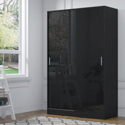 Reflect 2 Door Sliding Wardrobe - Black Gloss & Black Oak - Hanging Rails & Shelves - H:180Cm X W: 120Cm X D: 58Cm - Modern Design - thumbnail 1