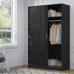 Reflect 2 Door Sliding Wardrobe - Black Gloss & Black Oak - Hanging Rails & Shelves - H:180Cm X W: 120Cm X D: 58Cm - Modern Design - thumbnail 2