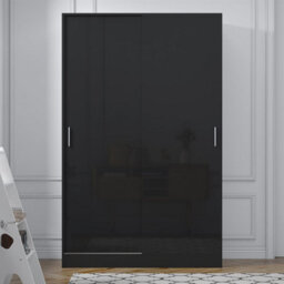 Reflect 2 Door Sliding Wardrobe - Black Gloss & Black Oak - Hanging Rails & Shelves - H:180Cm X W: 120Cm X D: 58Cm - Modern Design - thumbnail 3