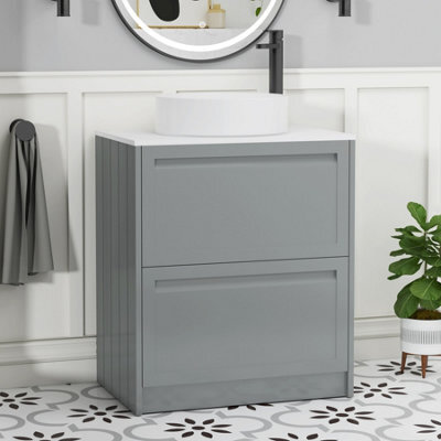 Royal Bathrooms Royal Bathroom Elmore 700mm Matt Pebble Grey Freestanding Bathroom Vanity Unit 2 Drawer Plain White Worktop With Art Basin - image 1