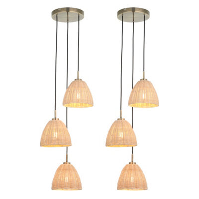 First Choice Lighting Set Of 2 Celie - Rattan And Antique Brass 3 Light Cluster Pendants - image 1