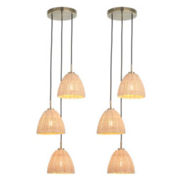 First Choice Lighting Set Of 2 Celie - Rattan And Antique Brass 3 Light Cluster Pendants
