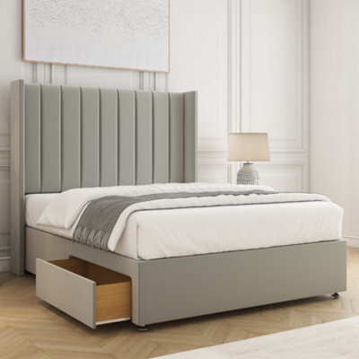 Bsspoke Hannah Divan Bed Silver Plush Velvet 54Inch Wingedback Panel Headboard 2 Drawers Footend & Mattress In All Sizes - image 1