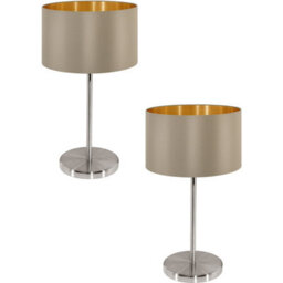 Elegant 2-Pack Satin Nickel Table Lamps With Taupe Gold Fabric Shade