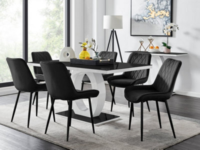 Furniturebox Giovani Rectangular 6 Seat White High Gloss Unique Halo Base Dining Table Black Glass Top 6 Black Velvet Black Leg Pesaro Chairs - image 1