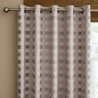 Catherine Lansfield Wilson Check Blackout Thermal 90X90 Inch Eyelet Curtains Two Panels Natural - image 1
