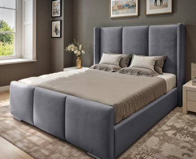 UKBEDFURNITURE Miami Wingback Grey Plush Valvet Upholstered Gas Lift Ottoman Storage Bed -  With 48 Inch Headboard - image 1