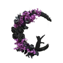 Amorly Moon Shape Halloween Wreath With Purple Flowers Black Roses, Artificial Floral Crescent Wreath For Front Door Wall Home Decor - thumbnail 1
