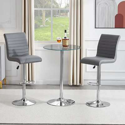 Furniture in Fashion Vetro Round Clear Glass Bar Table With 2 Ripple Grey Stools - image 1