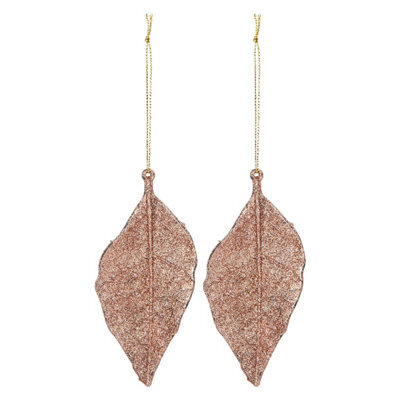 Christmas Tree Decoration 2 Hanging Leaf Glitter X 1 22. 6Cm Rose Gold - image 1