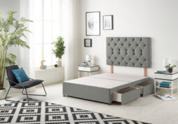 "Somnior Beds Premier 6Ft Super King Divan Bed Base With 30"" Tufted Headboard - Linen Fabric, Silver - 4 Drawer Storage"