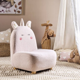 Wyld And Coco Pink Unicorn Kids Armchair - Armless Boucle Upholstery, Rubberwood Legs, Compact Nursery Seat - thumbnail 2