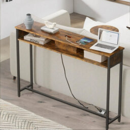 Pirlo Plush Industrial Console Table With Charging Station Rustic Brown Hallway Furniture - thumbnail 4