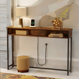 Pirlo Plush Industrial Console Table With Charging Station Rustic Brown Hallway Furniture - thumbnail 1
