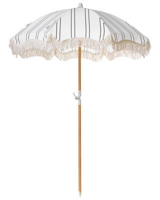 Wyld And Coco Garden Parasol 150Cm Round White Black Stripe Tilting Beech Wood Pole Uv-Resistant - image 1
