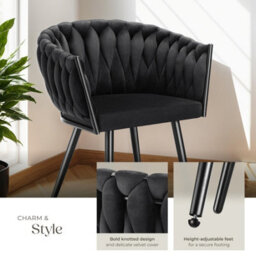 Tectake Set Of 4 Dining Chair Astano - Padded, Velvet, Knot Design, Continuous Backrest  - Black - thumbnail 4