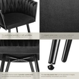 Tectake Set Of 4 Dining Chair Astano - Padded, Velvet, Knot Design, Continuous Backrest  - Black - thumbnail 5