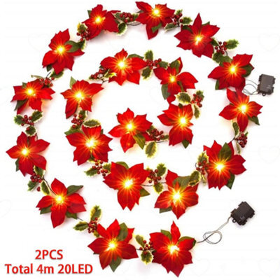 Amorly 2Pcs Pre Lit Artificial Xmas Poinsettia Garland, Lighted Garland With Red Flowers Berries, Battery Powered Holiday Ornament - image 1