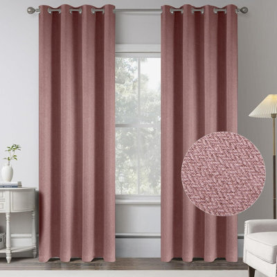 Aspire Homeware Blush Pink Linen 100% Blackout Curtain Thermal Insulated Eyelet Curtain Pair (W) 168Cm X (D)228Cm With Tie Back - image 1