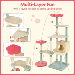 Costway 155Cm Tall Cat Tree Multi-Level Aesthetic Floral Kitten Tower-Red - thumbnail 7