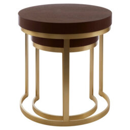 Orsina Set Of 2 Walnut Wood Nesting Tables,round Tables With Gold Polished Base,distinctive Wooden Side Tables - thumbnail 4