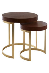 Orsina Set Of 2 Walnut Wood Nesting Tables,round Tables With Gold Polished Base,distinctive Wooden Side Tables