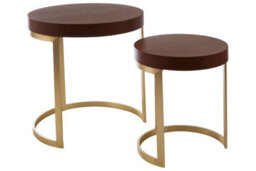 Orsina Set Of 2 Walnut Wood Nesting Tables,round Tables With Gold Polished Base,distinctive Wooden Side Tables - thumbnail 3