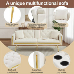 Abrihome Two-Seater Sofa Bed With Adjustable Backrest, Gold Accents & Built-In Cup Holders, Space-Saving Convertible, White - thumbnail 5