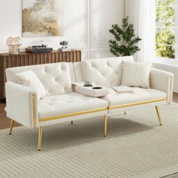 Abrihome Two-Seater Sofa Bed With Adjustable Backrest, Gold Accents & Built-In Cup Holders, Space-Saving Convertible, White