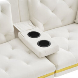 Abrihome Two-Seater Sofa Bed With Adjustable Backrest, Gold Accents & Built-In Cup Holders, Space-Saving Convertible, White - thumbnail 9