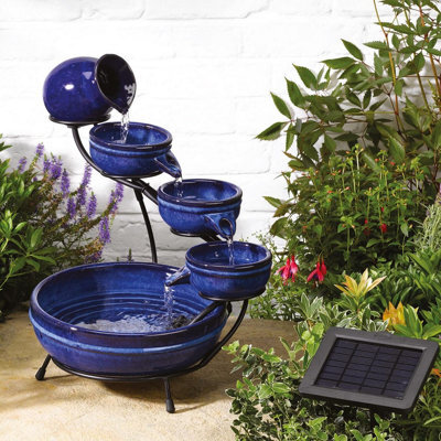 Solar Powered 5 Tier Neptune Cascading Fountain - Ceramic Blue Outdoor Garden Water Feature - Measures H49 X W44 X D38Cm - image 1