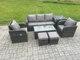 Fimous 7 Pc Rattan Garden Furniture Set With Rectangular Coffee Table Side Table 2 Small Footstools Patio Outdoor Rattan Set - thumbnail 2