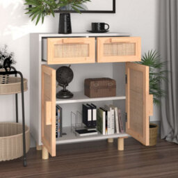 Berkfield Durable Sideboard White 60X30X75 Cm Solid Wood Pine And Natural Rattan - thumbnail 3