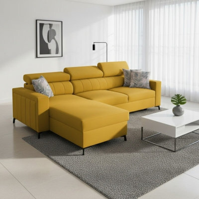 Baltico Mini Compact Corner Sofa Adjustable Headrests Pull Out Guest Bed Contemporary L Shaped Fabric Couch Yellow Left - image 1