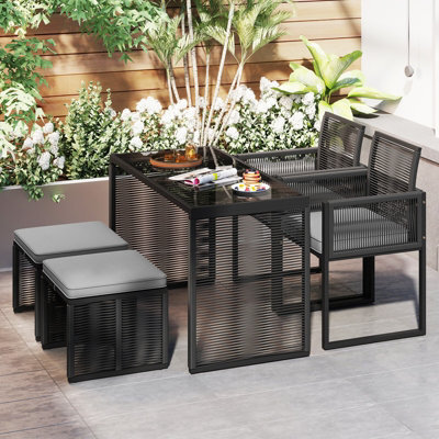 Costway 5 Pieces Patio Dining Set Outdoor Rattan Chairs With Table & Ottomans - image 1