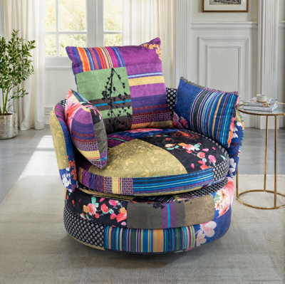 Accent Swivel Chair In Multicoloured Patchwork Fabric - image 1