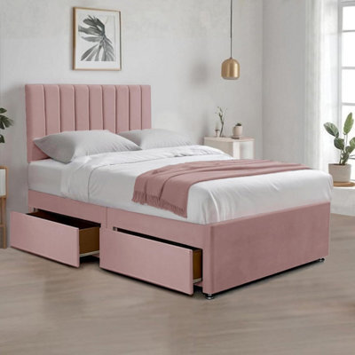 Pink Plush 4Ft Small Double Bed With Matttress  2 Storage Drawers And 20 Inch Vertical Line Headboard - image 1