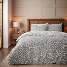 Catherine Lansfield Brushed Grace Floral Leaf Cotton Reversible Duvet Cover Set With Pillowcase Grey