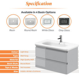 Plum&clay Marvel Gloss Light Grey Wall Hung Bathroom Vanity Unit With Round Resin Basin (W)900mm - thumbnail 5
