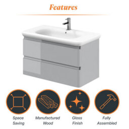 Plum&clay Marvel Gloss Light Grey Wall Hung Bathroom Vanity Unit With Round Resin Basin (W)900mm - thumbnail 6